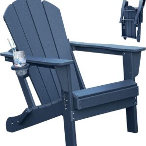 Adirondack Chair, Plastic Adirondack Chairs, HDPE Adirondack Chair, Folding Adirondack Chairs,Outdoor Chairs With Cup Holder For Lawn Patio Deck Fire Pit -Dark Blue