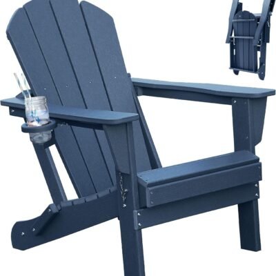 Adirondack Chair, Plastic Adirondack Chairs, HDPE Adirondack Chair, Folding Adirondack Chairs,Outdoor Chairs With Cup Holder For Lawn Patio Deck Fire Pit -Dark Blue