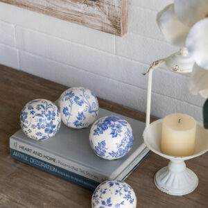 S 4 4x4x3.5  Blue And White Ceramic Decor Balls With Floral Patterns