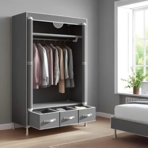Portable Wardrobe 67x35.4x17.7in - Gray - Rolling Door, Hanging Rack, Non - Woven Fabric Storage & 3 Drawer Boxes, Tool - Free Setup
