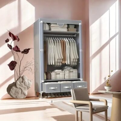 Rolling Door Wardrobe With 3 Drawers, Space Saving Closet Organizer Cabinet, Portable Fabric Storage Rack & Tool-Free Setup, 67 Inches Height, Gray
