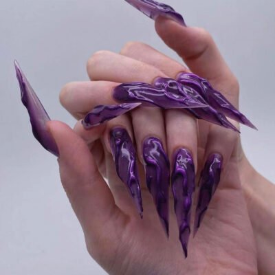 24 PCS Devil's Claws Press On Nails,3D Curve Line Acrylic False Nails, Long Stiletto Glossy Purple Glitter, Gel Glue On Nails Manicure Sparkly Stick Ons