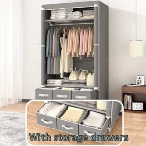 Portable Closet Organizer 67H X 35.4W X 17.7D Inches, With 3 Drawers And Rolling Door, Freestanding Wardrobe Cabinet With Hanging Rack, Non Woven Fabric Storage, Tool Free Setup,  Gray