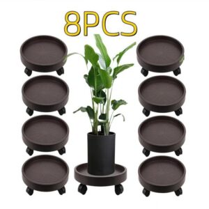 8 Pack Plant Caddy With Wheels, Heavy Duty 12.2 Inch Rolling Plant Stand For Moving Potted Flowers Indoor Outdoor, Brown