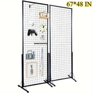 Professional Gridwall Display System 2-Pack 24' X 67' Double-Sided Retail Grid Wall Panels With Sturdy T-Base & 20 Display Hooks And Clips For Boutique, Craft Fair & Trade Show