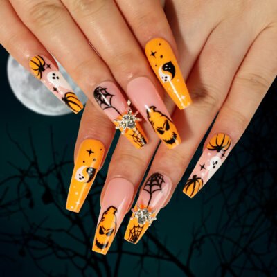 24 PCS Press On False Nails Short Medium Length Full Cover Acrylic Fake Nails Almond Shaped Ballerina Nails Cute Pumpkin Bat Ghost Spider Reusable Nails Nail Salons Home DIY