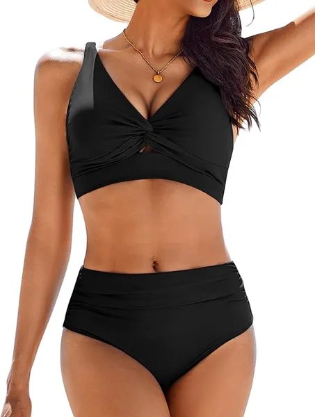 Bikini Set For Women Ruched High Waisted Two Piece Swimsuit Twist Front Cut Out Adjustable Straps Bathing Suit - Image 4