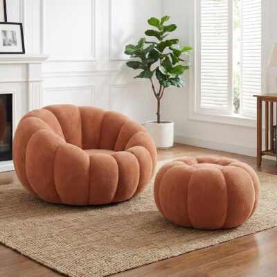 Single Sofa Chair Pumpkin Shape Round Chair Accent Reading Relaxing Modern Lounge With Footstool Brown