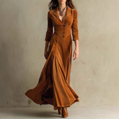 Solid Color Buttons Lapel 34 Sleeve Maxi Dress Waist Expansion Skirt