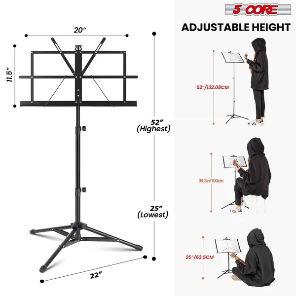 5 Core Music Stand Adjustable Desktop Book Stands Portable Sheet Holder All Metal Foldable Bookstand - MUS FLD BLK
