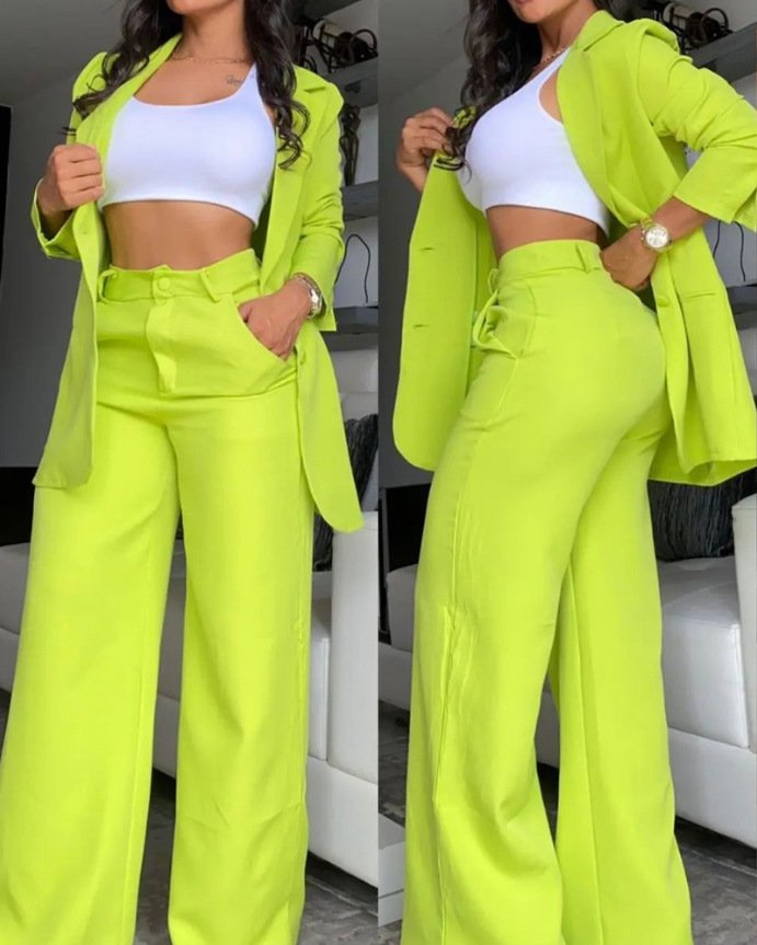 Pure Color Split Sleeve Lapel Suit Straight-leg Pants Suit Women - Image 3