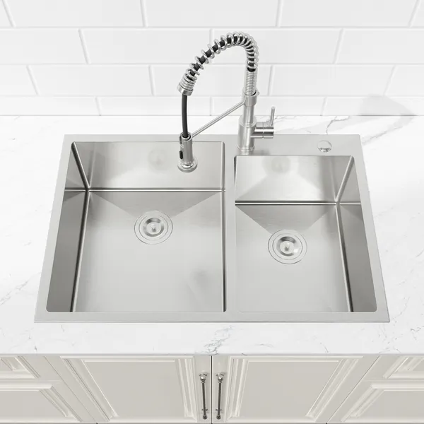 33'x19' Embedded Double Bowl Kitchen Sink, Overmount Handmade Sink In Brushed - Sink Only - Unable Ship Weekends, TK And TEMU Only For Pickup - Image 2