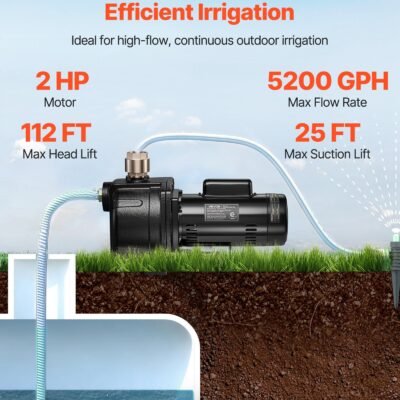 2 HP Shallow Well Jet Pump, 230 Volt, 5200 GPH Cast Iron Well Jet Pump, With 112 Ft Max Head Lift, Check Valve, Thermal Protection, Automatic On/Off, For Garden Irrigation Lawn Sprinkler System