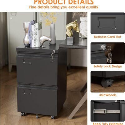 2 Drawer Mobile File Cabinet, Metal Under Desk Cabinet With Lock Name Card Holder For Office Home, Legal Letter Size, Assembly Required