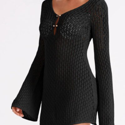 Saodimallsu Womens Crochet Swimsuit Coverup Summer Sexy V Neck Long Bell Sleeve Mesh Knit Bikini Cover Ups Beach Dresses