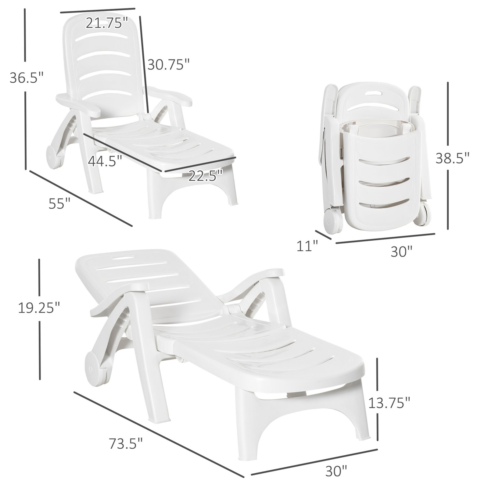 Outdoor Chaise Lounge, 5 Level Adjustable Backrest Lounge Chair With Wheels, Folding Tanning Chair For Pool, Beach, Patio, Garden, White - Image 2