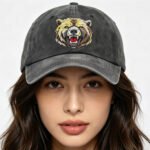 2pcs Roaring Grizzly Bear Embroidered Hat - Vintage Washed Cotton Baseball Cap For Men Women, Adjustable Unstructured Low Profile