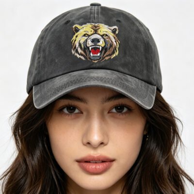 2pcs Roaring Grizzly Bear Embroidered Hat - Vintage Washed Cotton Baseball Cap For Men Women, Adjustable Unstructured Low Profile