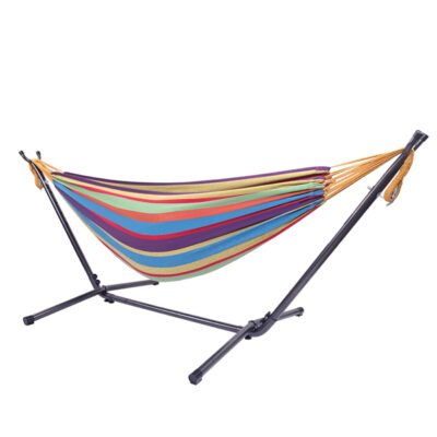9ft Small Colorful Stripes, Black Background, Silver Flower Frame, 2x1.5m Polyester-cotton Hammock, Iron Hammock Set, 330.00 Lbs