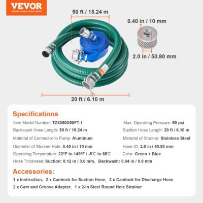Suction Hose Kit For WaterPump 2 In X 20 Ft Green 50 Ft Blue Hoses