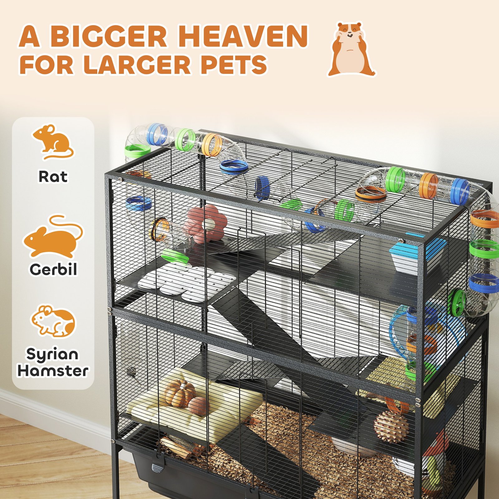 5 Tier Hamster Cage, Rolling Rat Cage With Deep Tray, Storage Shelf, Big Exercise Wheel, Hut, Tube System - Image 2