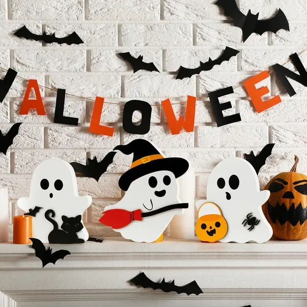 Ute Ghost Halloween Decorations Indoor, Wooden Tiered Tray Decor Table Sign Set Of 3, Black Cat Bat Witch Broom Signs Pumpkin Blocks For Party Home Shelf Display - Image 5