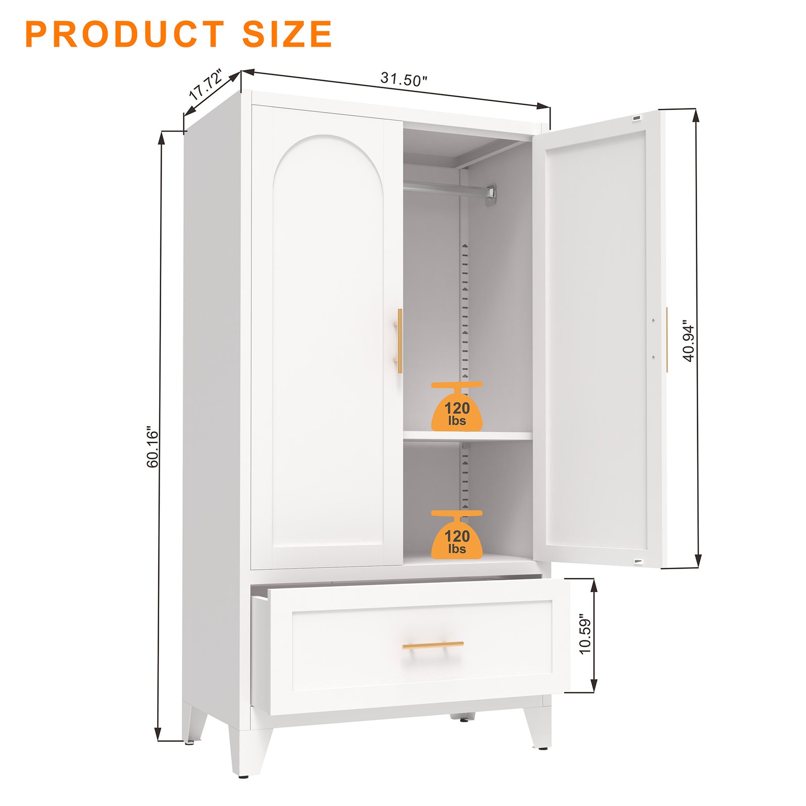 60inch Tall Metal Wardrobe Cabinet With 1 Drawer And Hanging Rod, 2 Doors Wardrobe Closet With Shelf For Bedroom, Office, Laundry Room,Entryway ,Foyer,Guesthouse White - Image 3
