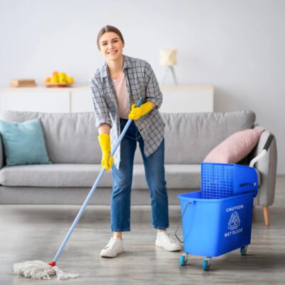 Compact Mop Bucket With Wringer, Mop Bucket On Wheels For Floor Cleaning, 21 Quart, Separate Dirty And Clean Water, Blue