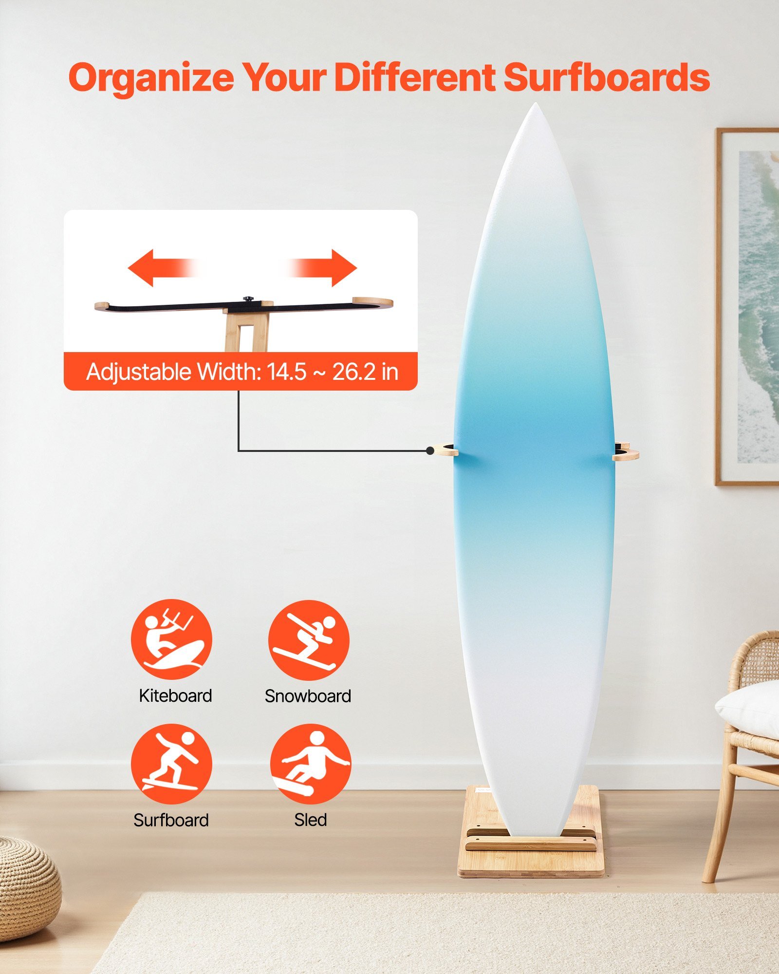 Vertical Surfboard Stand, Wooden Surfboard Rack For Storage And Display, Adjustable & Freestanding Board Stand Organizer With Padding, For Wakeboards, Snowboards, Kiteboards, Shortboard, Skis - Image 2