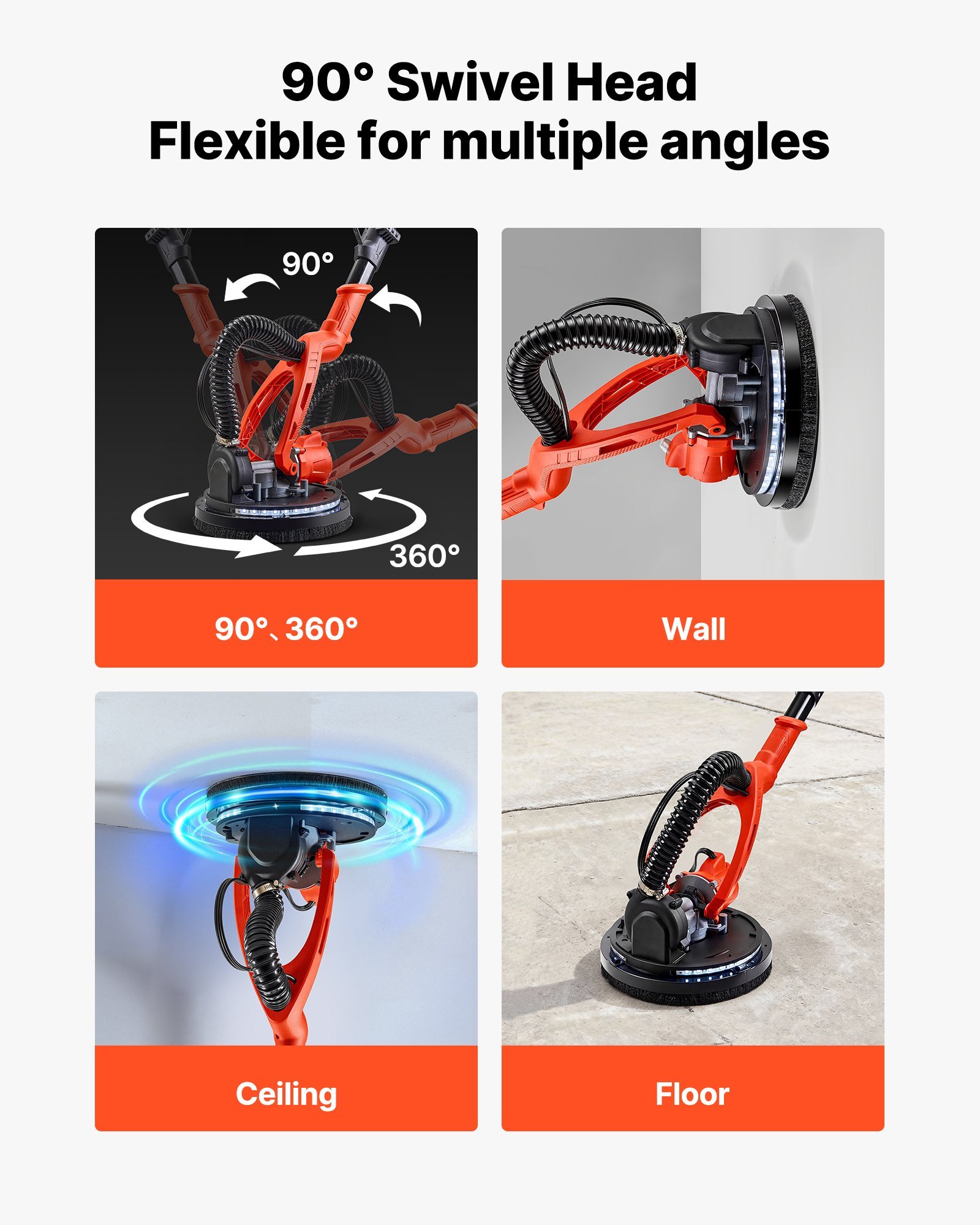 Cordless Drywall Sander, 450W Electric Sander, Popcorn Ceiling Removal Tool With Vacuum Dust Collection, 7 Variable Speed 0-1600 RPM, LED Light, Foldable & Extendable Handle, 15 Sanding Discs