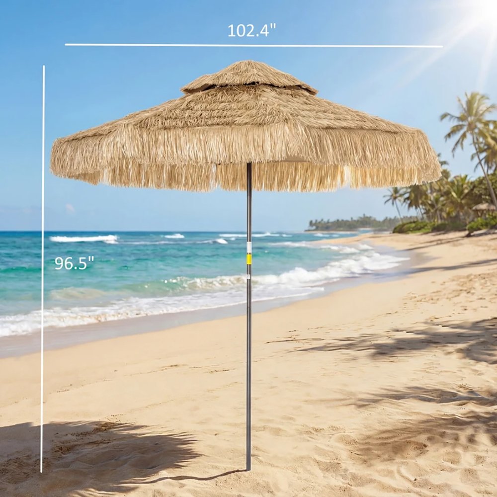 8.5 FT Hula Thatched Patio Umbrella, 2 Tier Tropical Hawaiian Style Outdoor Umbrella With 8 Ribs, Straw Tassel Design - Image 2