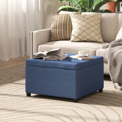Round Storage Ottoman Bench, Button Tufted Ottoman With Flip Top For Living Room, Entryway And Bedroom, Blue