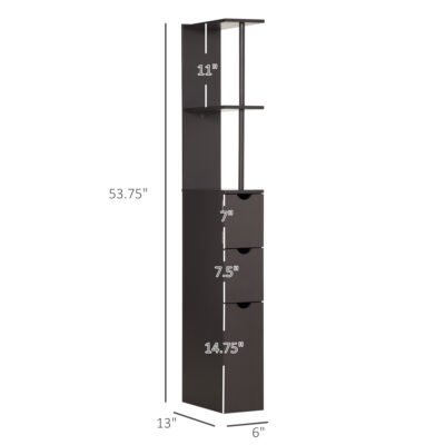 54" Tall Bathroom Storage Cabinet, Freestanding Linen Tower With 2-Tier Shelf And Drawers, Narrow Side Floor Organizer, Brown