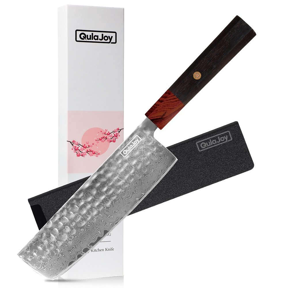 Qulajoy 8 Inch Chef Knife - Japanese Damascus VG-10 Super Steel Hammered Kitchen Knife - African Rosewood Octagonal Handle With Sheath - Image 3