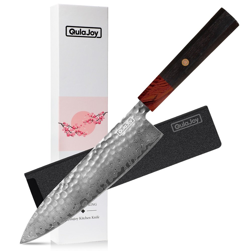 Qulajoy 8 Inch Chef Knife - Japanese Damascus VG-10 Super Steel Hammered Kitchen Knife - African Rosewood Octagonal Handle With Sheath - Image 6