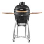 Charcoal Smoker And Grill, 18" Kamado Charcoal BBQ Smoker, Movable Ceramic Barbecue Grill With 4 Wheels (2 Lockable), Built-in Thermometer, Air Vents & Side Shelf For Outdoor Patio Yard Cooking
