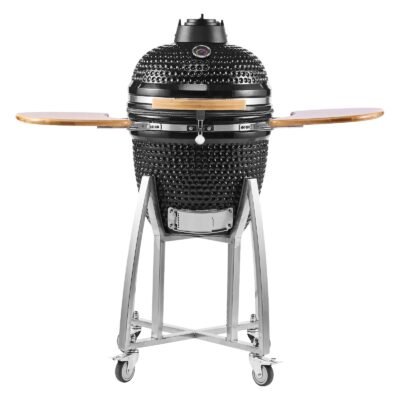 Charcoal Smoker And Grill, 18" Kamado Charcoal BBQ Smoker, Movable Ceramic Barbecue Grill With 4 Wheels (2 Lockable), Built-in Thermometer, Air Vents & Side Shelf For Outdoor Patio Yard Cooking
