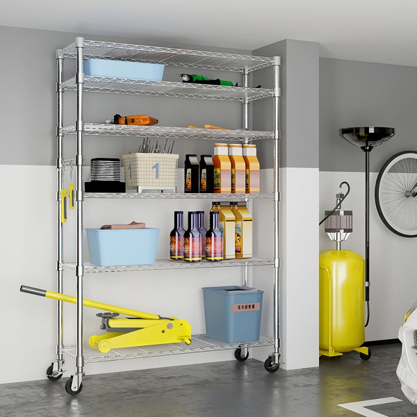 Six-layer Free Combination And Disassembly With 1 Row Of Side Hooks With Adjusting Feet And Wheels Iron Can Freely Adjust The Spacing Of Layers Household Shelves 117X45X208cm Baked Lacquered Silver