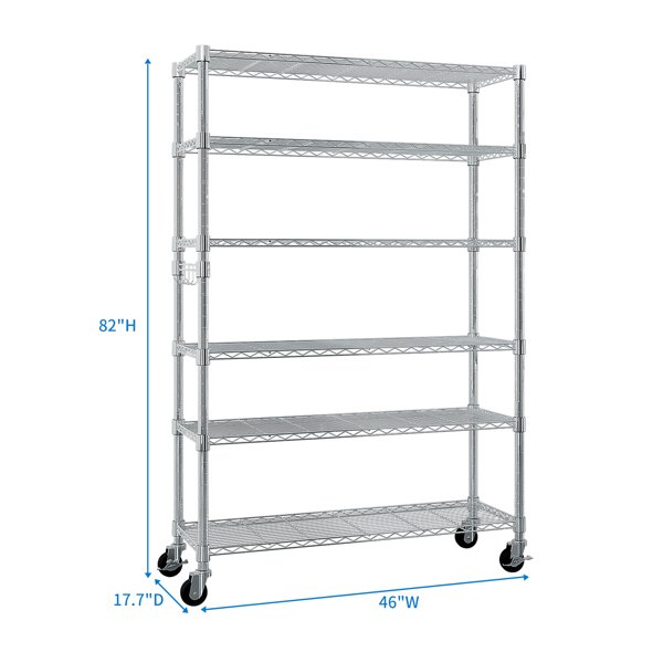 Six-layer Free Combination And Disassembly With 1 Row Of Side Hooks With Adjusting Feet And Wheels Iron Can Freely Adjust The Spacing Of Layers Household Shelves 117X45X208cm Baked Lacquered Silver - Image 3