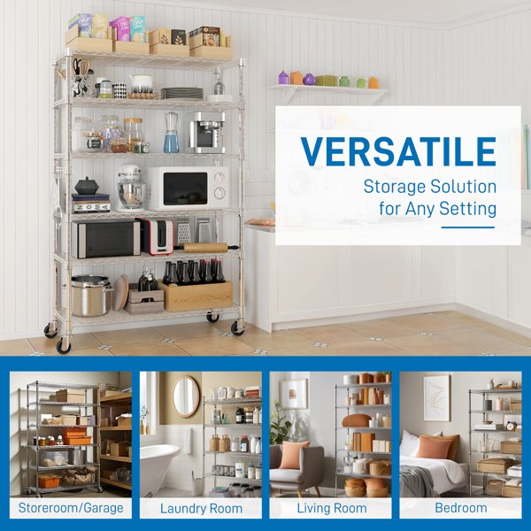 Six-layer Free Combination And Disassembly With 1 Row Of Side Hooks With Adjusting Feet And Wheels Iron Can Freely Adjust The Spacing Of Layers Household Shelves 117X45X208cm Baked Lacquered Silver - Image 5