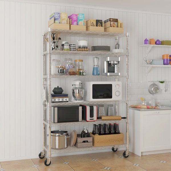 Six-layer Free Combination And Disassembly With 1 Row Of Side Hooks With Adjusting Feet And Wheels Iron Can Freely Adjust The Spacing Of Layers Household Shelves 117X45X208cm Baked Lacquered Silver - Image 6