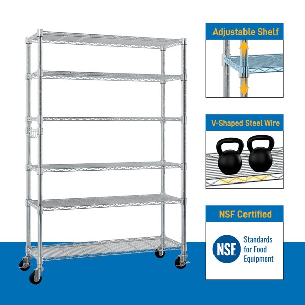 Six-layer Free Combination And Disassembly With 1 Row Of Side Hooks With Adjusting Feet And Wheels Iron Can Freely Adjust The Spacing Of Layers Household Shelves 117X45X208cm Baked Lacquered Silver - Image 7