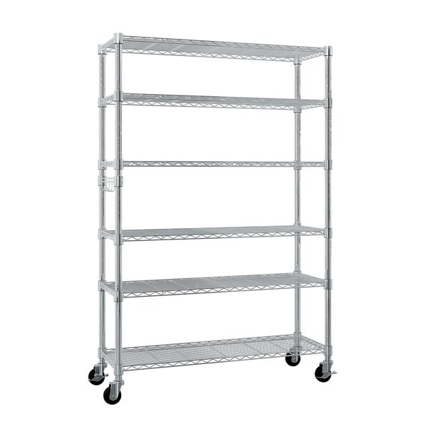 Six-layer Free Combination And Disassembly With 1 Row Of Side Hooks With Adjusting Feet And Wheels Iron Can Freely Adjust The Spacing Of Layers Household Shelves 117X45X208cm Baked Lacquered Silver - Image 8