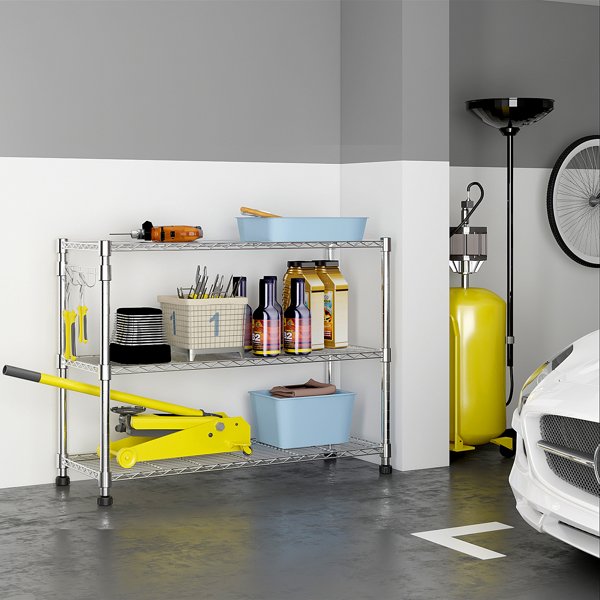 Six-layer Free Combination And Disassembly With 1 Row Of Side Hooks With Adjusting Feet And Wheels Iron Can Freely Adjust The Spacing Of Layers Household Shelves 117X45X208cm Baked Lacquered Silver - Image 9