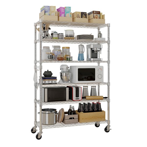 Six-layer Free Combination And Disassembly With 1 Row Of Side Hooks With Adjusting Feet And Wheels Iron Can Freely Adjust The Spacing Of Layers Household Shelves 117X45X208cm Baked Lacquered Silver - Image 11