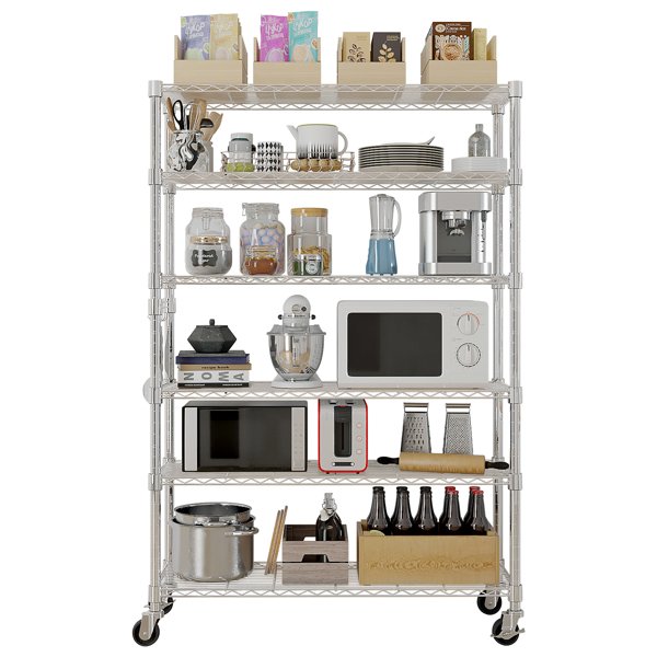 Six-layer Free Combination And Disassembly With 1 Row Of Side Hooks With Adjusting Feet And Wheels Iron Can Freely Adjust The Spacing Of Layers Household Shelves 117X45X208cm Baked Lacquered Silver - Image 13