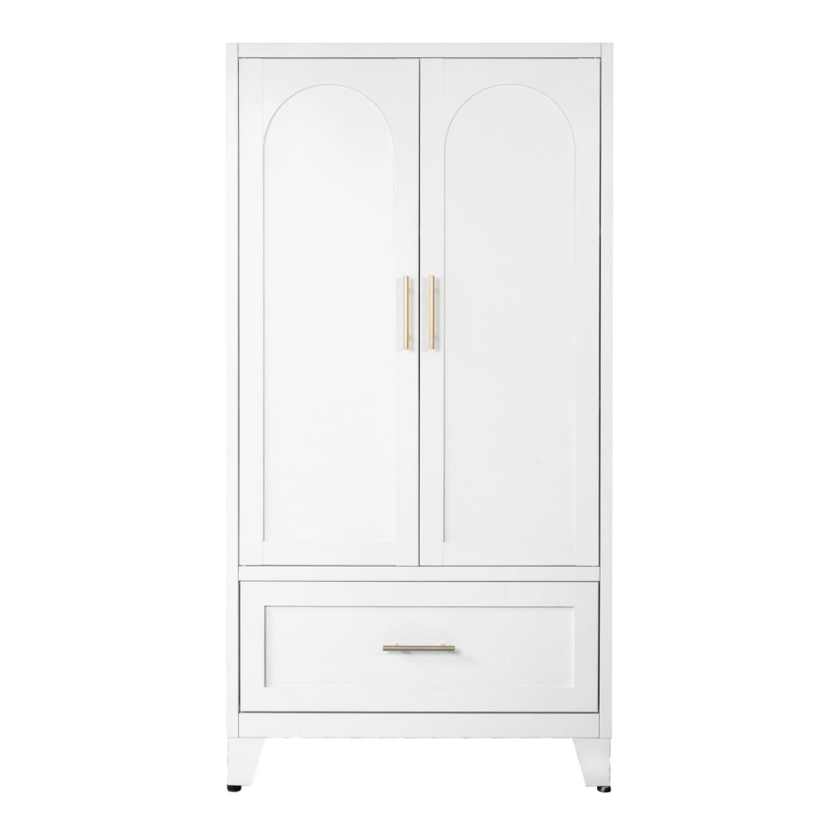 60inch Tall Metal Wardrobe Cabinet With 1 Drawer And Hanging Rod, 2 Doors Wardrobe Closet With Shelf For Bedroom, Office, Laundry Room,Entryway ,Foyer,Guesthouse White - Image 2