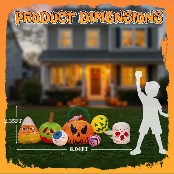 8FT Long Halloween Inflatables Pumpkins Eyeball Candy Outdoor Decorations, Blow Up Yard Decoration With Built-in LEDs Lighted For Lawn Garden Outside Indoor Decor - Image 2