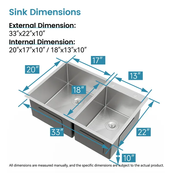 33'x19' Embedded Double Bowl Kitchen Sink, Overmount Handmade Sink In Brushed - Sink Only - Unable Ship Weekends, TK And TEMU Only For Pickup - Image 5