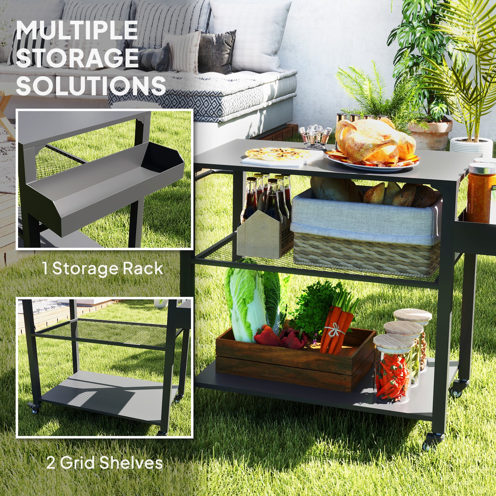 3-Tier Outdoor Grill Cart With Storage Racks, Side Handle, Movable Pizza Oven Table On Wheels - Image 2